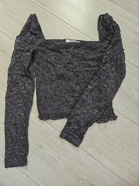 ReVamped Black Lace Smocked Crop Top Long Sleeve Square Neck XS🔥